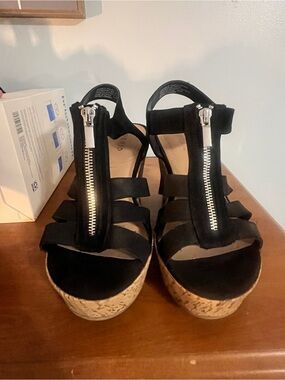 torrid Black Strappy Zip-Front Cork Wedge Sandals